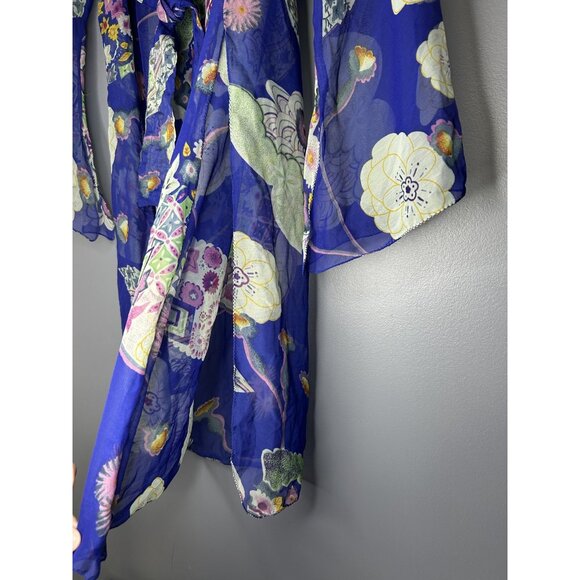 Pink Mode Kimono Tunic Top Womens 1X Blue Floral Sheer Tie Back Cover Up Boho - Picture 4 of 15
